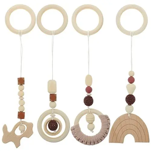 Produktbild: Toddmomy 4 Stücke Holz Baby Gym Spielzeug Baby Spielen Gym Hängende Spielzeug Kinderwagen Krippe Reise Aktivität Spielzeug für Neugeborene Geschenk, Grau, 28x7cm, 382015LLY6WM