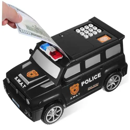 Produktbild: Toddmomy Sparschwein für Kinder Elektronisches Geldautomat Spielzeug mit Fingerabdruck Musik und Verschließbarem Design Polizeiauto Sparschwein für Münzen und Banknoten