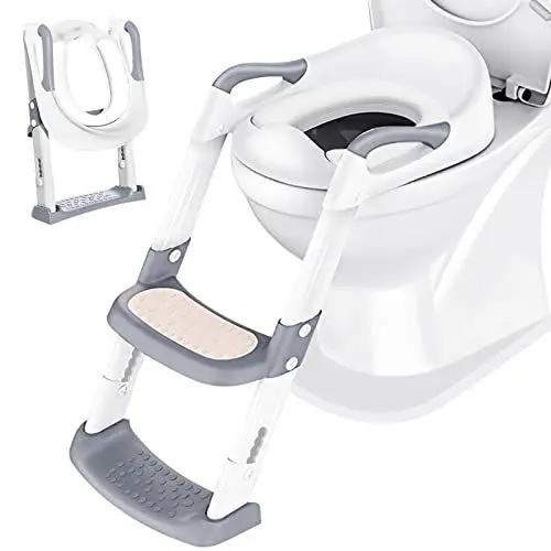 Produktbild: Töpfchen Toilettensitz Baby mit Treppe: Kinder WC Sitz Toilette Toilettentrainer für Kleinkinder Jungen und Mädchen - Höhenverstellbar und Klappbar Reise-Badezimmersitz mit Spritzschutz Griffe | Weiß