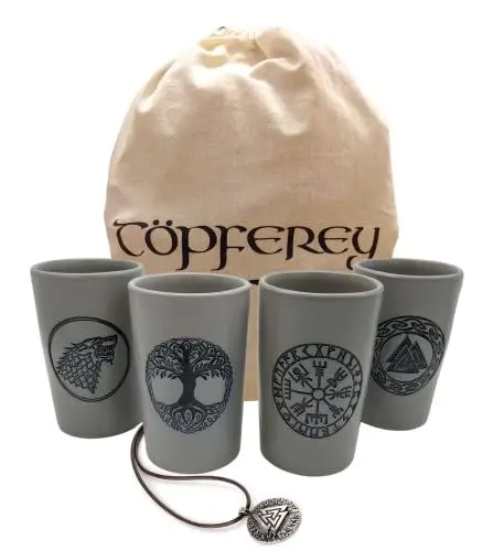 Produktbild: Töpferey Becher Set Wikinger - Tonbecher mit Gravur, Mittelalter Kaffeebecher, Ceramic Mug Set Viking, Grau, 5-teiliges Set