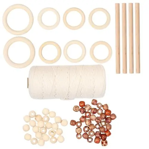 Produktbild: Tofficu 133 Teiliges DIY Tapestry Zubehör Set Mit Baumwollseilen Buchenholz Sticks Blumenperlen Und Weiteren Materialien Für Kreatives Handwerken Und Individuelles Wandbehang Gestalten