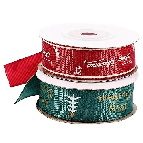 Produktbild: Tofficu Weihnachtliche Ripsbänder 2 Rollen mit 2 Cm Breitem Geschenkband mit Weihnachtsbaummotiv für Die Kartonverpackung