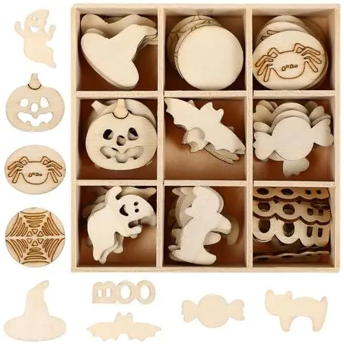 Produktbild: Tofficu 72stk Halloween Basteln Kinder - Halloween-Holzspäne mit Box Spinne Kürbis Form Natürliche Holz Ausschnitte Holz Anhänger Tisch Streu Deko für DIY Handwerk Basteln Bemalen (hybrid)