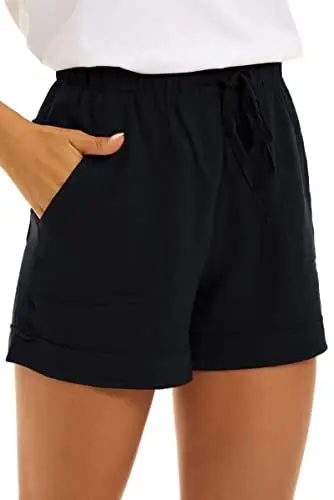 Produktbild: Tofox Kurze Hosen Damen Baumwolle Leinen Shorts Kordelzug Stretch Weite lose mit Taschen Breites Bein lose mit Taschen Sommer