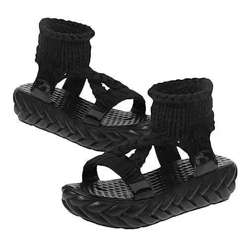Produktbild: TOGEVAL 1 Paar gestrickte Wollsandalen Rutschschuhe für Damen Sommer Hausschuhe geschlossene sandalen damen Keilsandalen Sandalen Keil Frauen Sommersandalen Frauen stricken Sandalen Black