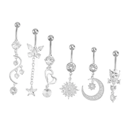 Produktbild: TOGEVAL 6 Stück Damen Nabelring Mit Strasssteinen Bauchnabelpiercing Schmuck Chirurgenstahl Bauchnabel Piercing Set Für Frauen