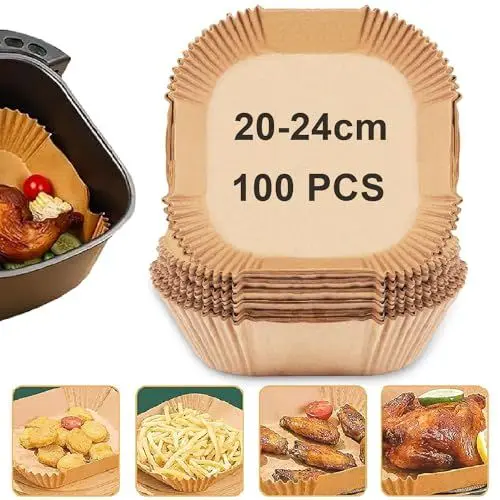 Produktbild: TOGOO Backpapier für Heißluftfritteuse, 100 Stück 20-24cm Quadrat Airfryer Backpapier, Einweg Antihaft-Öl und Wasserdicht Pergamentpapier Liner für Airfryer, Backofen, Mikrowelle