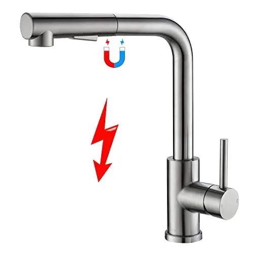 Produktbild: Tohlar Niederdruck Armatur Küche Ausziehbar, Küchenarmatur 3 Anschlüsse, Niederdruck Wasserhahn Küche mit Magnet Andocken Brause 2 Strahlarten 360° Drehbar Spültischarmatur Edelstahl Gebürstet L-Förm
