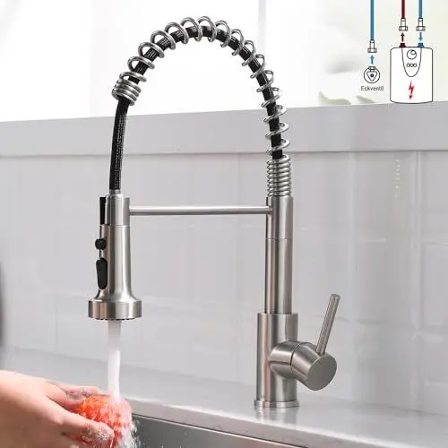 Produktbild: Tohlar Niederdruck Armatur Küche Küchenarmatur mit 3 anschlüsse Niederdruckarmaturen Mischbatterie Wasserhahn 360° Schwenkbar Spültischarmatur Spiralfederarmatur mit Brause Ausziehbar Gebürstet Nickel