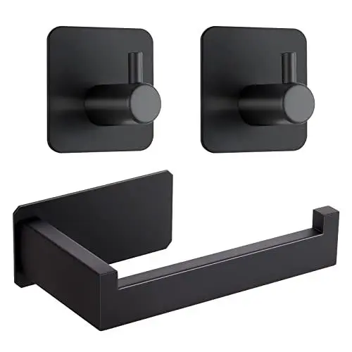 Produktbild: Toilet Paper Holder No Drilling Required,Selbstklebend Klopapierhalter WC Papierhalter Edelstahl Toilettenpapierrollenhalter mit 2 Stück Handtuchhaken für Küche und Badzimmer (Schwarz)