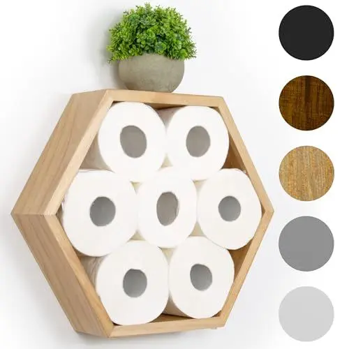 Produktbild: Toilettenpapier Aufbewahrung Bad - stehend/hängend - Toilettenpapierhalter Holz im Waben-Design - Badezimmer Organizer Klopapier Aufbewahrung, als Handtuchhalter, Badezimmer (1, Natur)