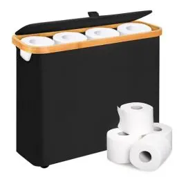 Produktbild: Toilettenpapier Aufbewahrung, Klopapier Aufbewahrung mit Deckel, Ersatzrollenhalter Wc Papier Aufbewahrung, Bambus Badezimmer Organizer für WC Rollen, Toilet Paper Behälter Schwarz, Aufbewahrungskorb