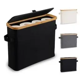 Produktbild: Toilettenpapier Aufbewahrung Korb mit Deckel aus Bambus, Toilettenpapier Stehend Klopapier Aufbewahrung Box Bad WC-Papier Badezimmer Organizer, Ersatzrollenhalter Behälter Aufbewahrungsbox, Schwarz