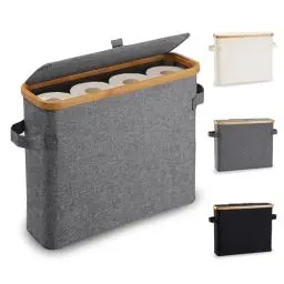 Produktbild: Toilettenpapier Aufbewahrung Korb mit Deckel aus Bambus, Toilettenpapier Stehend Klopapier Aufbewahrung Box Bad WC-Papier Badezimmer Organizer, Ersatzrollenhalter Behälter Aufbewahrungsbox, Grau
