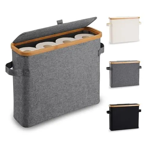 Produktbild: Toilettenpapier Aufbewahrung Korb mit Deckel aus Bambus, Toilettenpapier Stehend Klopapier Aufbewahrung Box Bad WC-Papier Badezimmer Organizer, Ersatzrollenhalter Behälter Aufbewahrungsbox, Grau