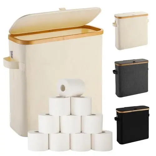 Produktbild: Toilettenpapier Aufbewahrung Korb mit Deckel aus Bambus für Mega Toilettenpapier, Toilettenpapier Stehend Klopapier Aufbewahrung Box Bad WC-Papier Badezimmer Organizer, Ersatzrollenhalter, Beige
