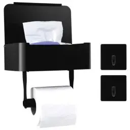Produktbild: Toilettenpapierhalter Schwarz, Klopapierhalter mit Feuchttücherbox ohne Bohren Edelstahl, Selbstklebende Klorollenhalter mit Ablage und 2 Klebehaken, Klopapierhalter Schwarz für Küche und Badezimmer
