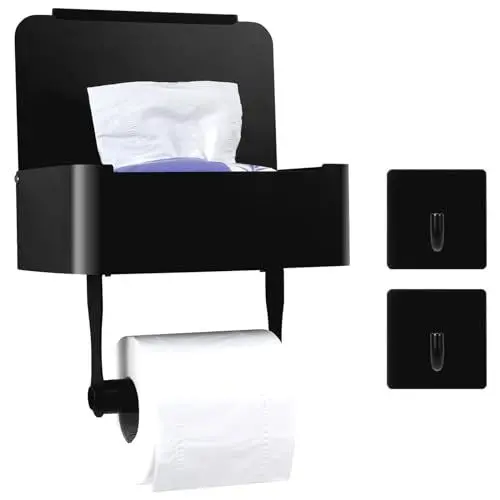 Produktbild: Toilettenpapierhalter Schwarz, Klopapierhalter mit Feuchttücherbox ohne Bohren Edelstahl, Selbstklebende Klorollenhalter mit Ablage und 2 Klebehaken, Klopapierhalter Schwarz für Küche und Badezimmer