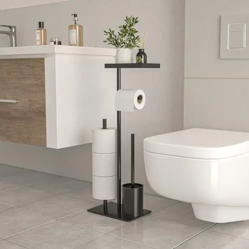 Produktbild: Toilettenpapierhalter stehend mit Bürste und Ablage, Klopapierhalter mit Klobürste, Laviva Edelstahl Schwarz Toilettenpapierhalter mit WC Bürste, Klorollenhalter stehend mit Toilettenbürste