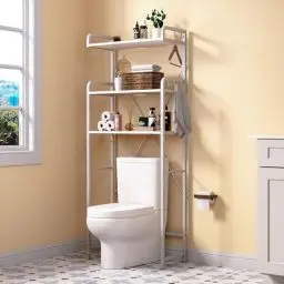 Produktbild: Toilettenregal, Waschmaschinenregal, WC Regal über Wasserklosett Waschmaschine, 3 Ebenen Badezimmerregal, Großer Bad-Organizer mit 5 Haken, Platzsparend, für Waschküche Badezimmer Toilette, Weiß