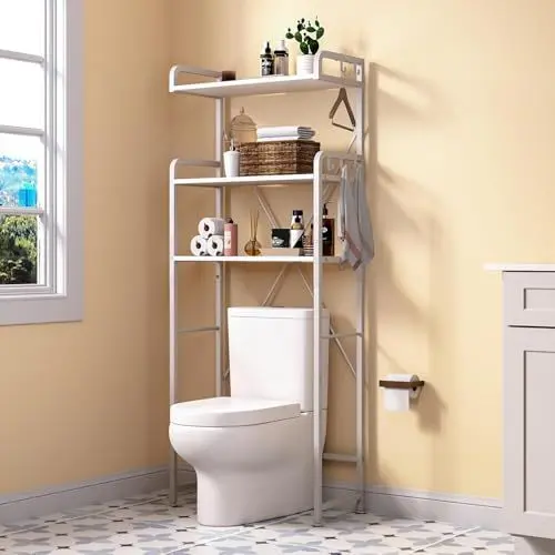 Produktbild: Toilettenregal, Waschmaschinenregal, WC Regal über Wasserklosett Waschmaschine, 3 Ebenen Badezimmerregal, Großer Bad-Organizer mit 5 Haken, Platzsparend, für Waschküche Badezimmer Toilette, Weiß