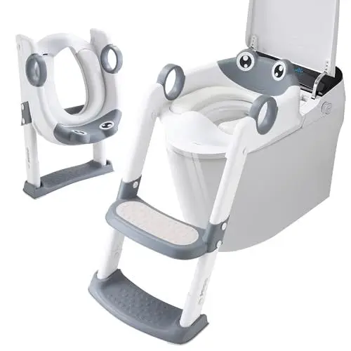 Produktbild: Toilettensitz Kinder mit Treppe, kinder wc sitz mit treppe, Mit Bequeme Kissen mit Griffen und breiten Stufen, spritzwassergeschütztes und rutschfestes Material, höhenverstellbar