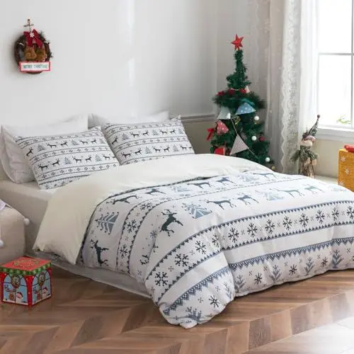 Produktbild: Tokokimo Weihnachts Bettwäsche 135x200 - Zarte und lustige Elch und Schneeflocke Cartoon Muster - 2teilig Bettwäsche Set mit Kopfkissenbezug mit Reißverschluss 80x80cm*1, Blau