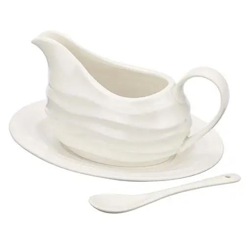 Produktbild: TOLIDA Sauciere aus Kremik mit Tablett, Servierschale mit Griff, Spender mit Löffel für Gourmet-Sauciere, für Milch, Schweinekoteletts Desserts,Geschenke mikrowellen- und spülmaschinenfest,Weiß,13oz