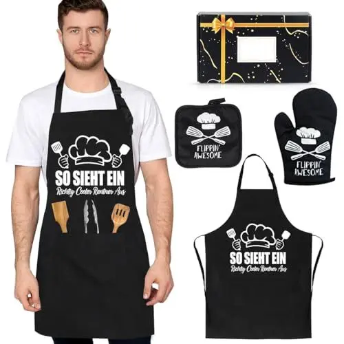 Produktbild: TOLOYE Grillschürze für Männer Kochschürze Lustig Kochschürze Männer Set mit Ofenhandschuh und Topflappen Kochschürze Herren Schürze Herren Wasserdicht Chürze mit Abwischbarem Tuch Köche Schürze