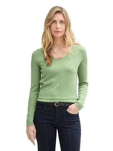 Produktbild: TOM TAILOR Damen 1012976 Strickpullover mit V-Ausschnitt, 37116-True Green, M