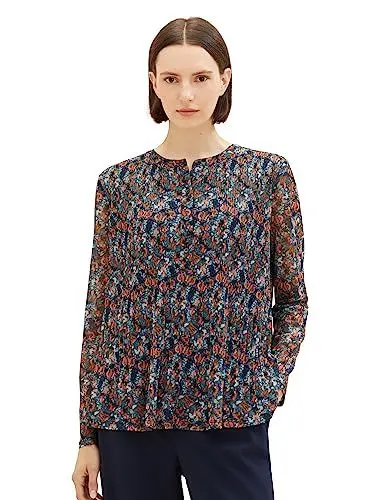 Produktbild: TOM TAILOR Damen 1038729 Mesh-Langarmshirt Bluse mit Muster, 32370-navy small tie dye floral, XXL