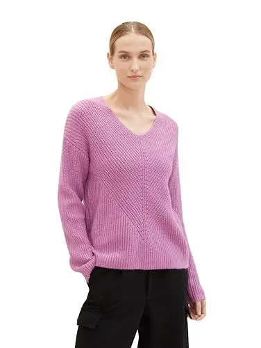Produktbild: TOM TAILOR Damen 1039242 Basic Pullover mit V-Ausschnitt, 33963-mauvy Plum Melange, XL