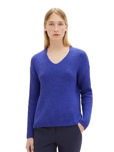 Produktbild: TOM TAILOR Damen 1039242 Basic Pullover mit V-Ausschnitt, 33965-crest Blue Melange, XXL