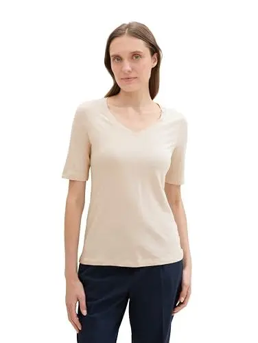 Produktbild: TOM TAILOR Damen 1043836 Basic T-Shirt aus Baumwolle, 12365-Dusty Beige, M