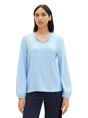 Produktbild: TOM TAILOR Damen Basic Bluse mit Streifen, 34913 - Blue White Thin Stripe, S