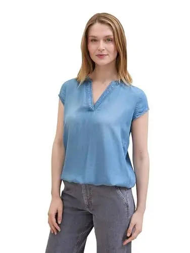 Produktbild: TOM TAILOR Damen Basic Kurzarm-Blus im Denim-Look, Clean Mid Stone Blue Denim, 32