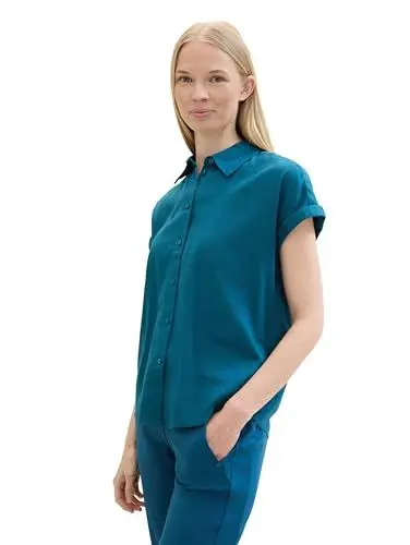 Produktbild: TOM TAILOR Damen Basic Kurzarm-Bluse mit Leinen, Moss Blue, 34