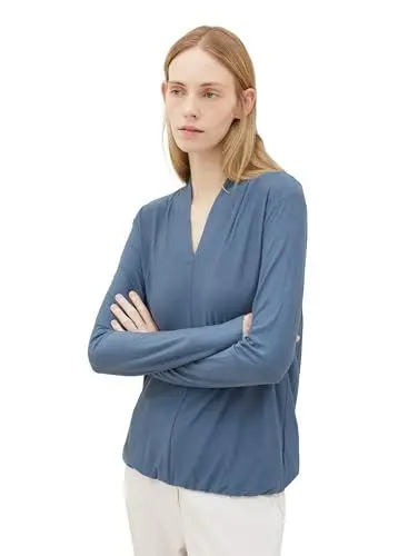 Produktbild: TOM TAILOR Damen Basic Langarm-Bluse mit Struktur, Stormy Sea Blue, M