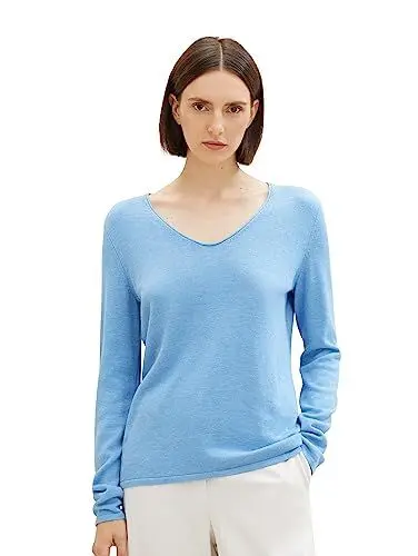 Produktbild: TOM TAILOR Damen Basic Strickpullover mit V-Ausschnitt, 15584 - Sea Blue Melange, XXXL