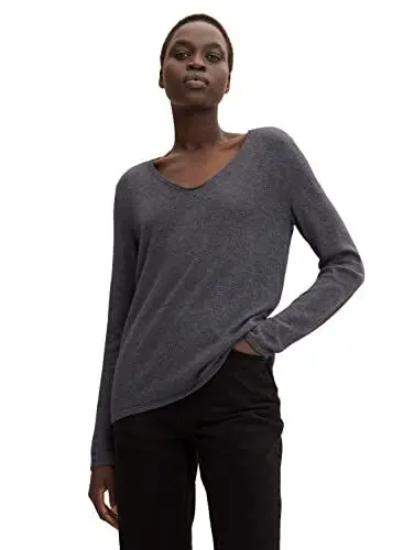 Produktbild: TOM TAILOR Damen Basic Strickpullover mit V-Ausschnitt, 30281 - Evident Anthracite Melange, M