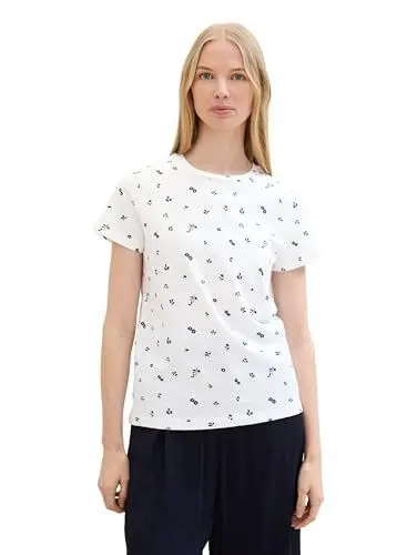Produktbild: TOM TAILOR Damen Basic T-Shirt mit Allover-Print, tiny white floral design, L