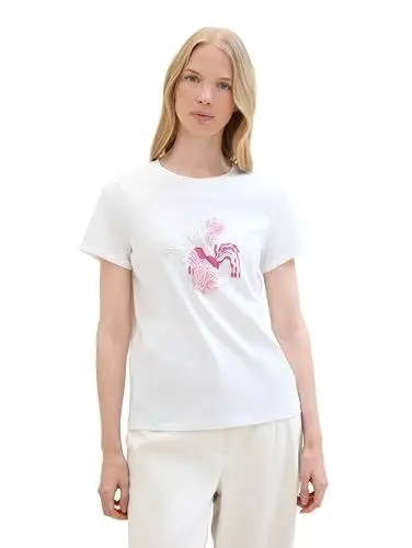 Produktbild: TOM TAILOR Damen Basic T-Shirt mit Blumen-Print, Whisper White, L