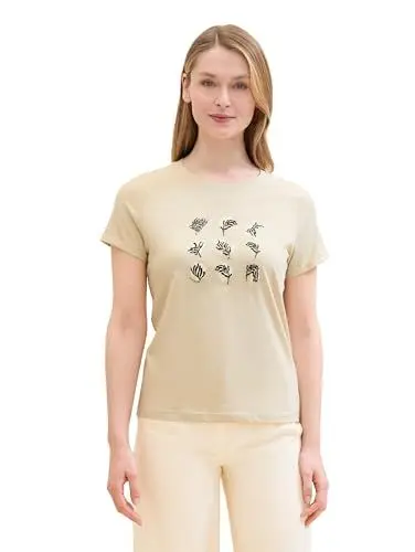 Produktbild: TOM TAILOR Damen Basic T-Shirt mit Blumen-Print, summer beige, XL