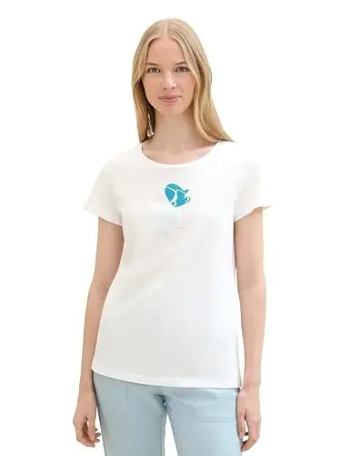 Produktbild: TOM TAILOR Damen Basic T-Shirt mit Blumen Print, Whisper White, M