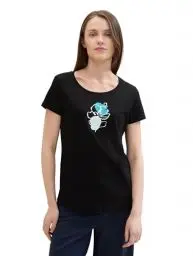 Produktbild: TOM TAILOR Damen Basic T-Shirt mit Blumen Print, deep black, XXXL