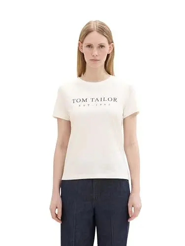 Produktbild: TOM TAILOR Damen Basic T-Shirt mit Logo-Print,10315 - Whisper White, M