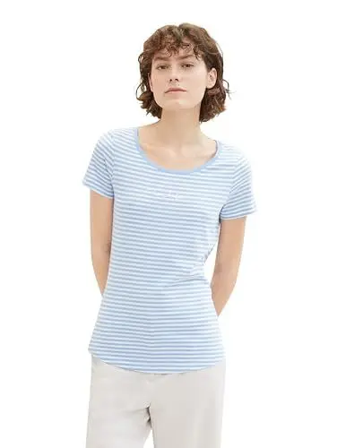 Produktbild: TOM TAILOR Damen Basic T-Shirt mit Logo-Print, 35628 - Blue Stripes, L