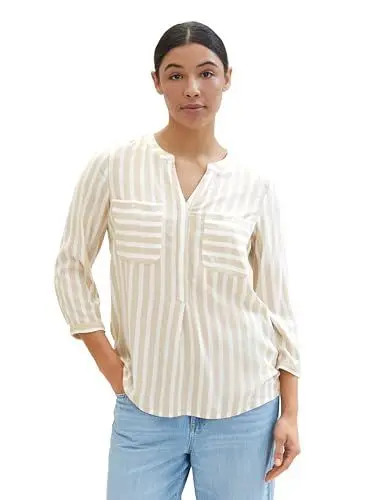 Produktbild: TOM TAILOR Damen Bluse mit Streifen & Brusttaschen, 35211 - Beige Offwhite Stripe, 38
