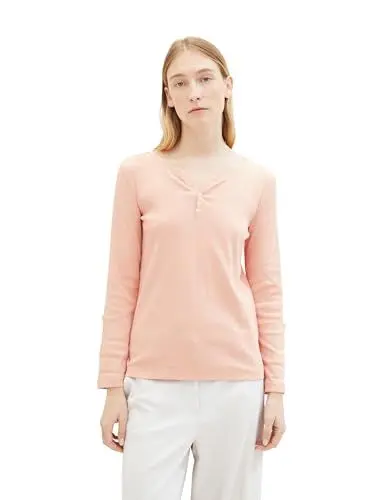 Produktbild: TOM TAILOR Damen Henley Longsleeve mit Streifen aus Bio-Baumwolle, 35225 - Apricot Offwhite Stripe Ck, M