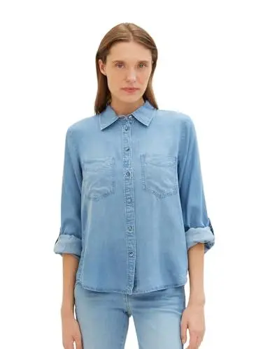 Produktbild: TOM TAILOR Damen Jeansbluse mit Brusttaschen, 10113 - Clean Mid Stone Blue Denim, 42